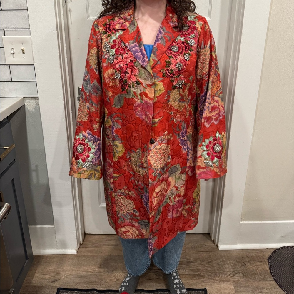 Johnny Was floral jacket with rhinestone embellishments and floral embroidery